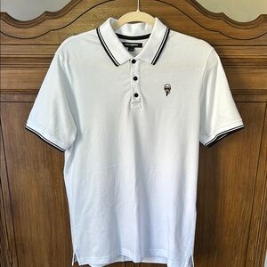 Men’s KARL LAGERFELD White Polo Shirt with Black Trim and Karl Logo.